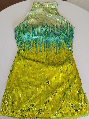 Revolution Dancewear Lime Green And Turquoise Sequins Halter Dance Costume Sz L